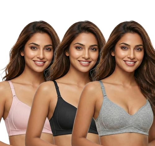 Image of DClub Women's Light Padded Cotton Bra | Wire-Free, Medium Coverage, Sewn-in Bump for Natural Lift. (Pack of 3)