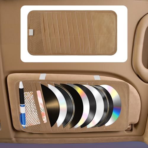 Aufbewahrungstasche für Auto-CD-Halter – Sonnenblenden-Organizer mit großer Kapazität für Auto, LKW, SUV, mit 10 DVD-Aufbewahrungshüllen, 1 Netztasche,1 Stifthalter und elastischem Gurt, Khaki