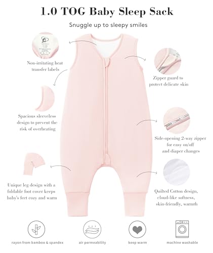 Image of Baby /Toddler Sleep Sack with Legs, Rayon from Bamboo 95% + 5% Spandex, 1.0 TOG, 2‑Way Zipper Sleeping Bag, Walker‑Friendly 18-36M Pink