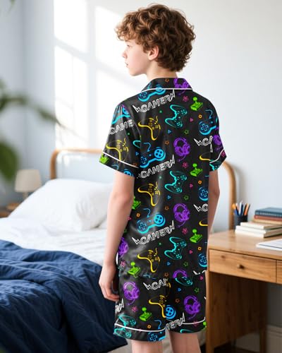 Boys Pajamas Kids Silky Satin Pajamas Set 2Pcs Boys Summer Short Sleeve Button-Down Pjs Lounge Sleepwear Nightwear Size 8-143