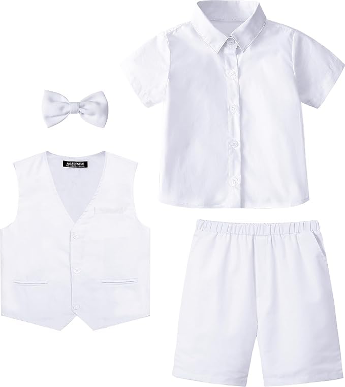 Image of A&J DESIGN Boys Short Suit Set 3 Pieces Kids Formal Gentleman Outfit, 4-11 Years, Shirt + Vest + Shorts + Bow Tie