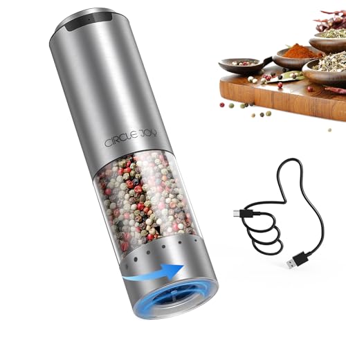 Comparison: Best Electric Pepper Mill 7 CIRCLE JOY Electric Pepper Grinder Stainless Steel Rechargeable Pepper Mill with External Adjustable Coarseness, 95ml Container and White LED Light, Silver