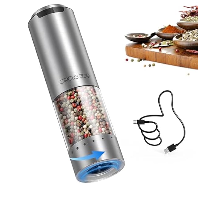 CIRCLE JOY Electric Pepper Grinder Stainless Steel Rechargeable Pepper Mill with External Adjustable Coarseness, 95ml Container and White LED Light, Silver