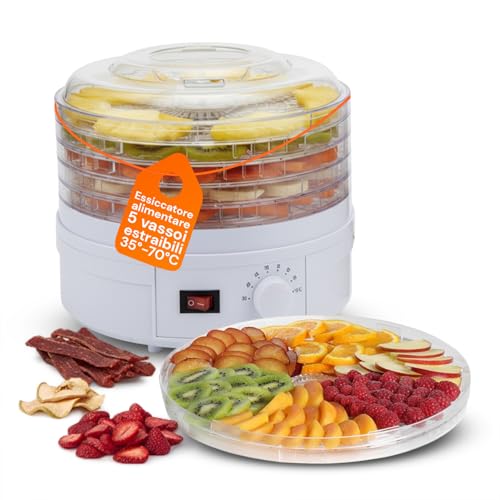 Avilia Essiccatore Alimentare a 5 Vassoi Impilabili - Disidratatore per Frutta, Verdura, Funghi e Carne - Temperatura Regolabile 35°-70°C - Ventilazione Uniforme per Snack Sani e Naturali