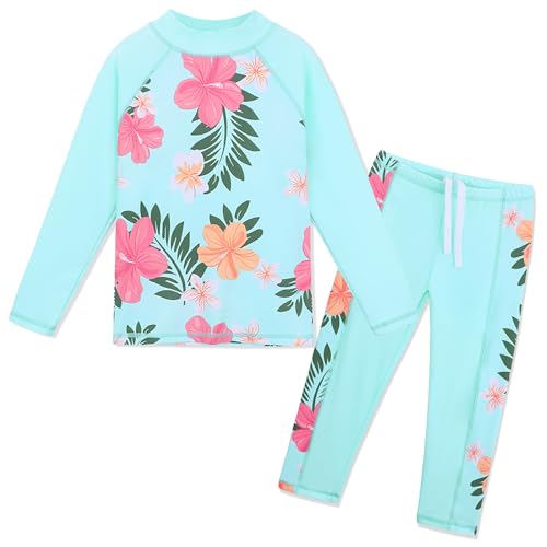 Image of TFJH E Girls Two Piece Swimsuit Long Sleeve Rash Guard Ages 3-12 | UPF 50+ sun protection, breathable , lightweight long sleeve swimsuit, full coverage, pool beach vacation, water park