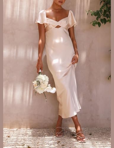 Image of Summer Satin Flutter Sleeve Wedding Guest Dresses for Women Sweetheart Neckline Cutout Tie Back Midi Cocktail Dress