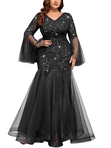 MISSMAY Women's Plus Size Sequins Lace V Neck Sheer Long Sleeves Tulle Mermaid Hem Formal Evening Party Dresses