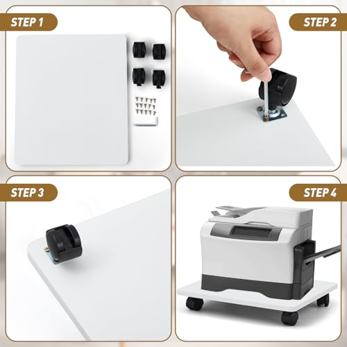 Image of Beeveer 1 Pcs Office Under Desk Printer Stand with 4 Caster Wheels 13.8 x 11.8 Inches White Movable Printer Copier Shelf CPU Holder for Home Office Heavy Duty Storage Rack Scanner Fax Machine