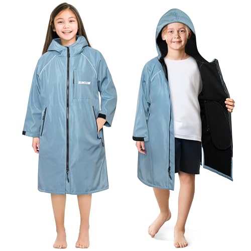 SUN CUBE Swim Parka Boy Girl Unisex Kids Hooded Changing Robe with Water Resistant Shell and Warm Fleece Lining for Swimming Surfing Triathlon Water Sports Light Blue