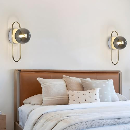 Image of Modern Brass Wall Sconce Mid Century Glass Wall Sconces Brushed Gold Wall Lamp Vintage Wall Sconces Set of Two Hardwired Farmhouse Wall Light Fixtures (2 Pack)