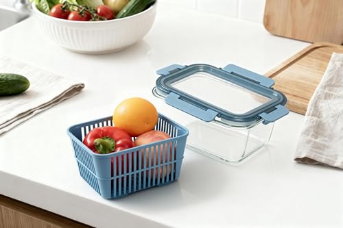Image of Stegl Glass Food Storage Container Airtight Container with Silicone Lid & Drain Basket | Leak Proof Food Container for Meal Prep | Microwave Safe Transparent Kitchen Container