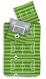 Ido Renforce Kinder Bettwäsche FUßBALL, Spielfeld & Tor in grün, grau 2 TLG. - Größe 80x80 + 135x200 cm - 100% Baumwolle