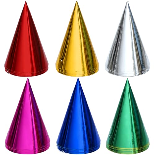 HaiMay 24 Pieces Cone Party Hats Metallic Foil Cone Hat Colorful Party Hat Birthday Paper Hats for Birthday Parties, 6 Colors