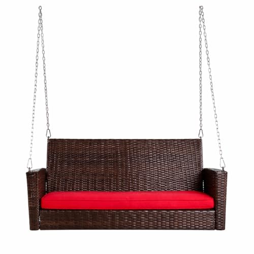 Image of Carry Bird Rattan Wicker Two Seater Swings with Cushion, Brown, 120x60x60 cm, Garden Porch Hammock for Adults (Red Cushion, 2 Seater Prouch Swing, Leather Brown Prouch Swing)