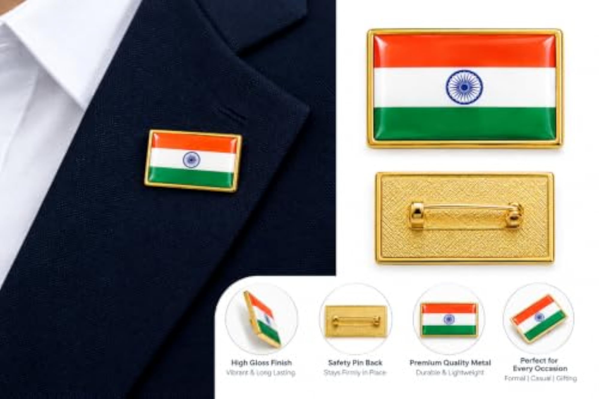 Pack of 2 Indian Tricolour Flag Rectangle Lapel Pins, Gold Finish