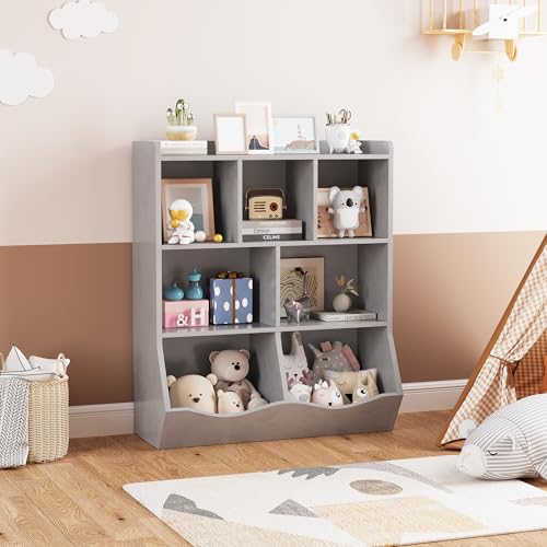 GarveeHome Grey Toy Storage Cabinet, Three-Tier Kids Bookshelf and Bookcase for Storage Books and Toys, Multi Shelf with Cubby Organizer for Bedroom and Playroom by GarveeHome - Image 8
