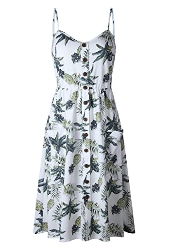 Image of YMING Womens Summer Spaghetti Strap Dresses Button Down Floral Sundress High Waist Swing Midi Dress with Pockets