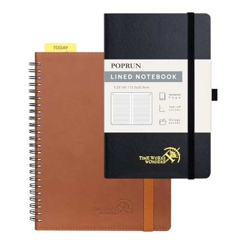 POPRUN 2025 Planner Vertical Weekly Layout with Hourly Schedule Soft Cover + POPRUN Lined Journal Notebook A5 5.25\'\' x 8\'\' Inch 120GSM Thick Paper, 128 Pages, Hardcover, College Ruled Notebook - Black