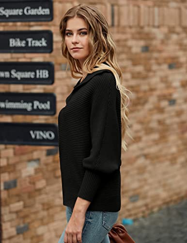 Merokeety Women's Batwing Long Sleeve V Neck Pullover Sweaters Foldover Collared Casual Knit Jumper Tops Black #TOP2