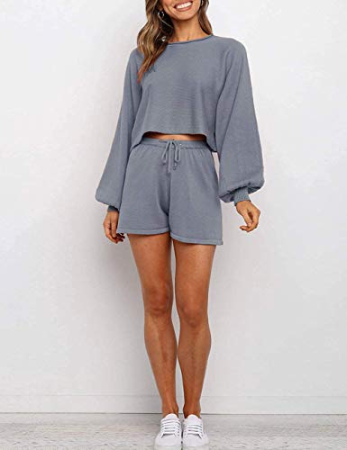 Remidoo Women's Off The Shoulder 2 Piece Set - Long Sleeve Crop Top & Shorts Sweatsuit Outfit