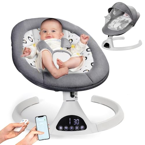 Image of Electric Baby Swing for Infants to Toddler Portable Babies Swing Timing Function 5 Swing Speeds Bluetooth Touch Screen Music Speaker with 10 Preset Lullabies 5-Point Carabiner Grey1