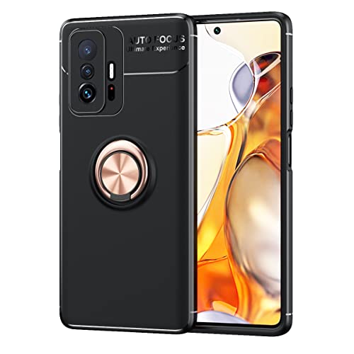 GOKEN Coque pour Xiaomi Mi 11T Pro 5G / Xiaomi Mi 11T 5G, TPU Silicone en Gel Antichoc Housse Protection Étui, Bumper Case Cover avec Anti-Scratch, Anneau Rotation de 360 ° Degres, Or Rose+Noir Cover