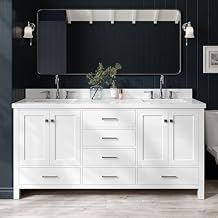 ARIEL Cambridge 72-inch Bathroom Vanity with Sink,Solid Wood, 1.5-inch Pure White Quartz Countertop & Backsplash, Double Rectangular Porcelain Sink, 4 Soft Closing Doors, 6 Dovetail Drawers, White