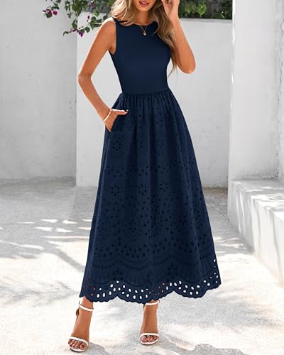 dowerme Women Summer Dresses 2026 Casual Sleeveless Crewneck A-Line Boho Lace Eyelet Cotton Tank Maxi Dress with Pockets(Navy Blue,Small) — view 2