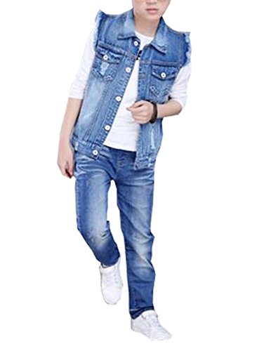 MYtodo Boys Cowboy Single-Breasted Vest Jacket Child Denim Broken Hole Vest