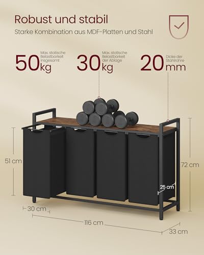 VASAGLE Wäschekorb 4 Fächer, Wäschesammler mit Ablage, Wäschebox, Wäschesack aus Oxford-Gewebe abnehmbar, Metallrahmen, 4 x 40 L, 116 x 33 x 72 cm, tintenschwarz-vintagebraun BLH401B01