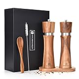 KITCHENUNIQUE - Salz und Pfeffermühlenset Holz I Gewürzmühlenset aus Akazienholz I verstellbarer Keramikmahlwerk I inkl. Platte, Löffel und Reinigungsbürste I Silber