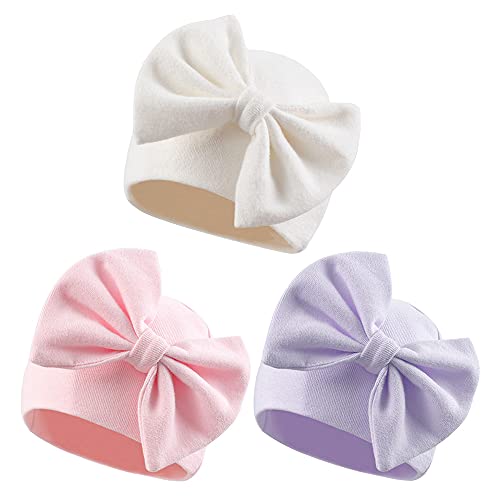 Image of Bamery Newborn Baby Girl Hat Cotton Baby Bow Beanie Preemie Hats Spring Infant Hats for Girls 0-12 Months