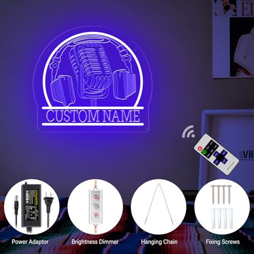 Image of Custom Recording Neon Sign, Personalized Microphone Headphones Name LED Sign, Customized Gifts for Musicians Audiophiles Enthusiasts , Dimmable Large Neon Light Up Music Signs, Music Studio Room Decorations