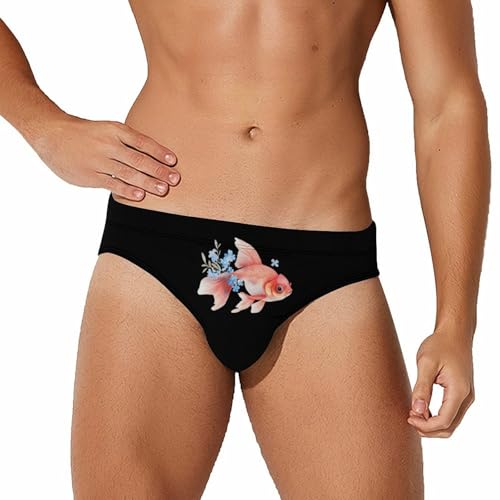 Fish and Flowers Printed Swim Briefs for Men Sexy Bikini Swimwear Elastic Beach Trunks Bathing Suit