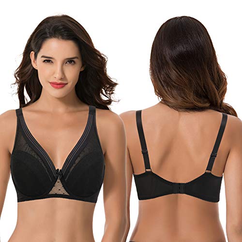 Curve Muse Women's Plus Size Unlined Minimizer Full Coverage Mesh Underwire Bra-2Pack-Black,Neon Yellow-34Dd #TOP2