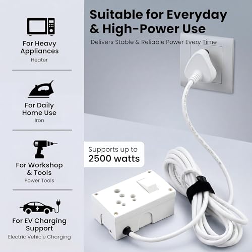 Image of 16A Heavy Duty Switch Extension Board with Universal Socket & Switch - Supports Up to 2500W, 1.5 Sq Mm 3 Core Wire, Shock & Heat Resistant Power Board for Home, Kitchen & Workshop, 2M Cable