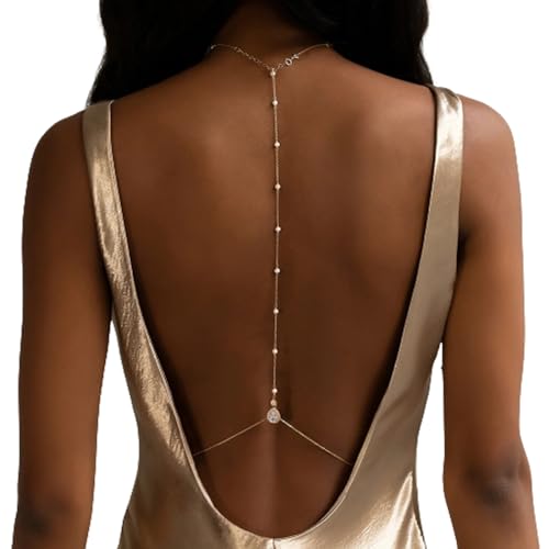 Bride Backless Rhinestone Waterdrop Body Chain Belly Waist Necklace (Water Drop-Gold)