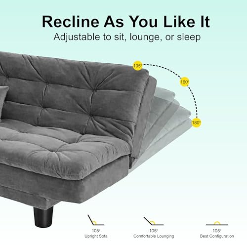 Image of Modern 3 Seater Sofa Cum Bed with Cushions, Foldable Convertible Couch, Velvet Fabric Sleeper Sofa for Living Room, Guest Room, Grey