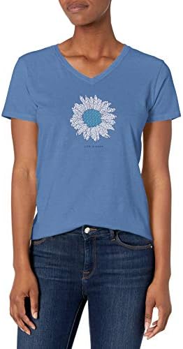 Life is Good Women's Crusher Graphic V-Neck T-Shirt Blooming French Flower Short Sleeve Cotton Tee, Vintage Blue, Large