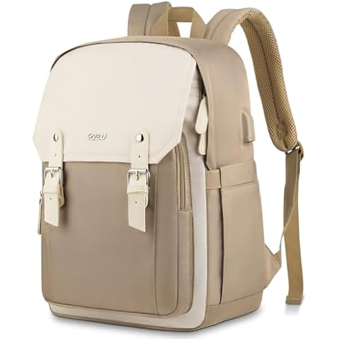 RJEU Aesthetic School Backpack for Teen Girl,15.6in Laptop Bookbag for College Student,Mochilas Escolares,Khaki Beige Cover