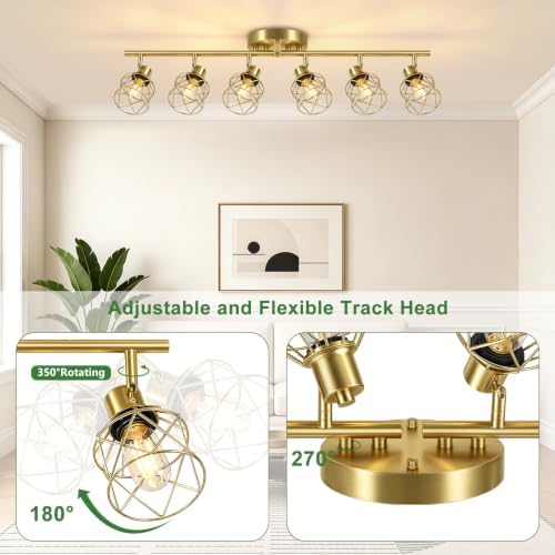 Baocuz 6-Lights Gold Semi Flush Mount Ceiling Light, Adjustable Multi-Directional Light Fixtures, Rotatable Farmhouse Light Fixtures with Metal Cage for Dining Room, Living Room, Kitchen - 3