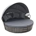 EVRE Bali 3 Piece Modular Round Rattan Wicker Patio Garden Furniture Daybed Sun Lounger Set with Extendable Canopy and Conversation Seat Cushions (Mixed Grey)