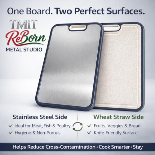 Tabla de Cortar de Acero Inoxidable 16 x 11 Pulgadas, Doble Cara con Base de Paja de Trigo para Verduras y Frutas miniatura 4