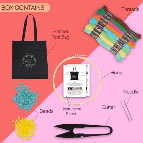 Image of picknMAKE Fabric DIY Aesthetic & Stylish Embroidery Tote Bags For Women Office Use, College Girls, Big Size Tote Bag With Zip And Secured Pocket Inside Bag (All Material Included)