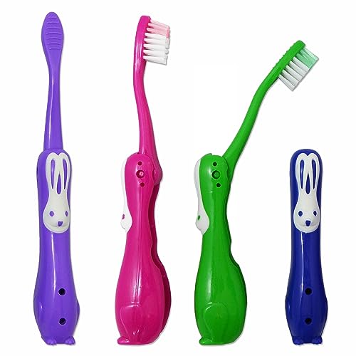 4 Childrens Toothbrushes ~ Bulk Packs Kids Manual Folding Brushes (Rabbit Travel)