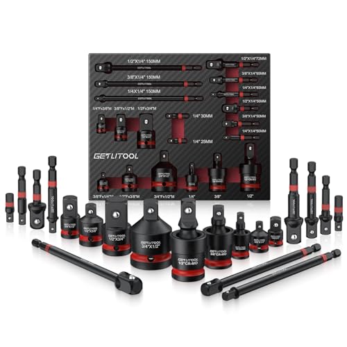 GETLITOOL Juego de 20 adaptadores para llaves de acero, incluye 11 barras de extensión de 1/2 + 3/8 + 1/4 con vástago de 1/4 pulgadas (25 – 150 mm), 6 adaptadores F/M y 3 juntas cardán de 1/2' 3/8' 1