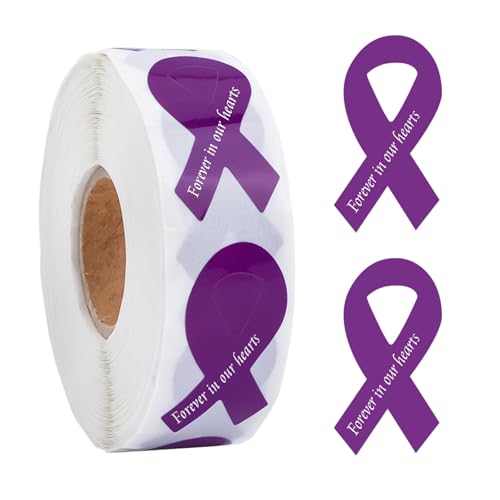 WANDIC Purple Ribbon Awareness Sticker, 500 PCS Lavender Ribbon-Shaped Stickers in Forever in Our Hearts for Alzheimer's Pancreatic Cancer Awareness WANDIC Purple Ribbon Awareness Sticker, 500 PCS Lavender Ribbon-Shaped Stickers in Forever in Our Hearts for Alzheimer's Pancreatic Cancer Awareness