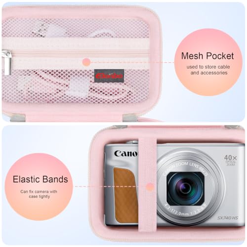 Image of Elonbo Carrying Case for Canon Powershot SX740 HS / SX730 HS /SX720 HS Camera | Canon SX740 Camera Case, Hard Bag, with Pocket Wrist Strap Double Zipper, for Vlogging Travel Protective Storage, Jelly Pink