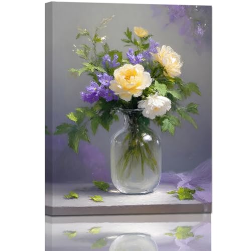 Sense&Sensitivity Arts 12x16 Inch Vintage Floral Canvas Wall Art Sunlit Yellow White Peonies in Glass Vase, Lavender Sprigs Muted Gray Backdrop, Serene Wall Art for Bedroom, Living Room​