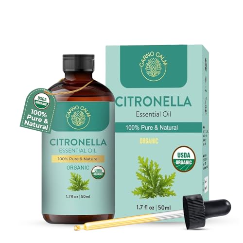 Carno Calm Organic Citronella Essential Oil 50 Ml | USDA Certified Organic Citronella Oil | for Diffuser | for Body and Skin | Steam Distilled | Therapeutic Grade | 1.7 fl oz